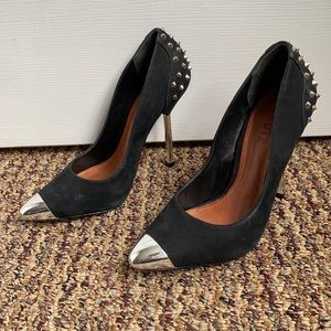 Schutz black suede shoes with silver spikes on heels and silver toes size 6